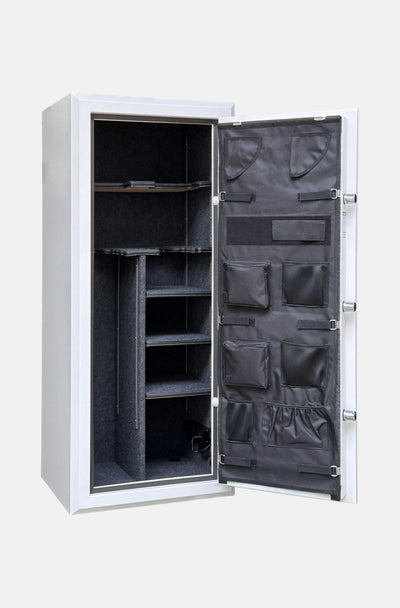 Cynthia Fortress Classic 20-gun fireproof safe with bright interior and gun cabinet for secure firearm storage.