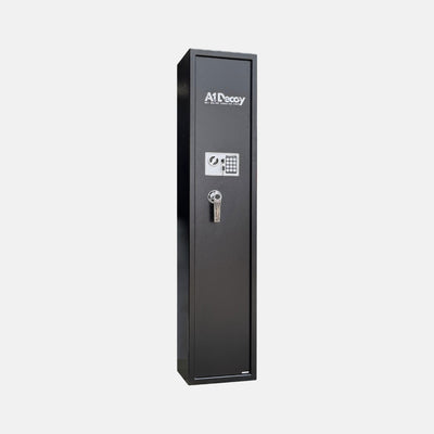 Cynthia Fortress Compact 5 Gun Safe with black exterior, secure lock, and interior storage for rifles and valuables.