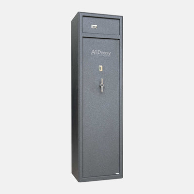 Cynthia Fortress Defender 7 Gun Safe with secure locking system, black exterior, and interior shelving for firearm storage