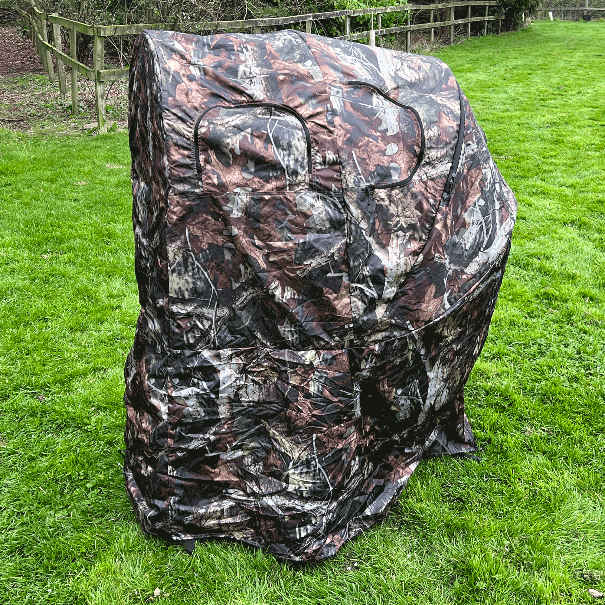 Dale 1-man pop-up hide tent set up outdoors, lightweight and portable for camping or hunting, with camouflage pattern and easy setup