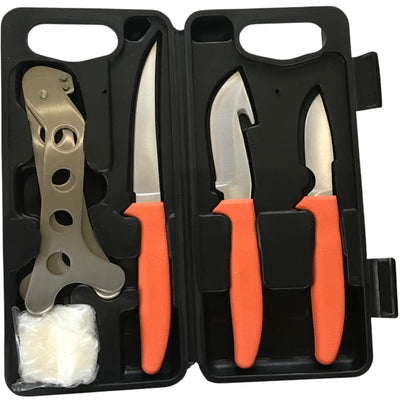 Three-piece DALE hunting knife set with stainless steel blades and wooden handles, displayed together on a neutral background.