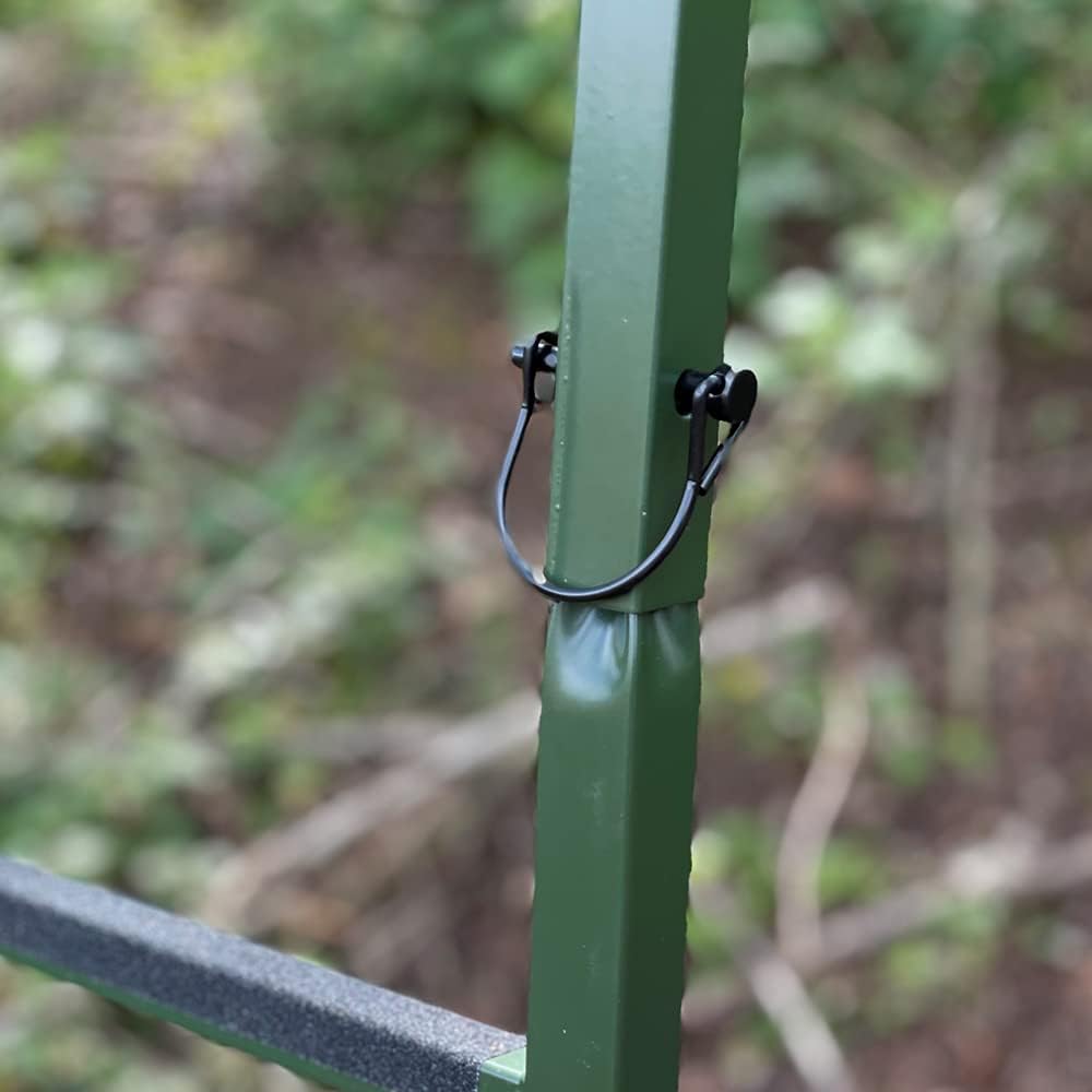 Galvanized adjustable highseat hunting tree stand from DALE, with a sturdy platform and safety straps for secure wildlife observation.