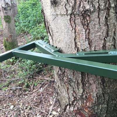Galvanised adjustable highseat hunting tree stand by DALE, featuring a sturdy frame and secure seat for outdoor wildlife hunting.