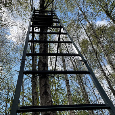 Galvanised adjustable highseat hunting tree stand by DALE with safety straps and sturdy frame for elevated hunting positions