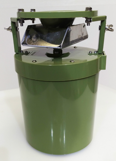 Round plastic auto feeder by DALE for 12V or 6V systems, designed to securely dispense feed automatically.