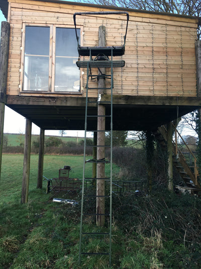 DALE double lean-to high seat two-man ladder stand with padded seating and galvanised frame for outdoor hunting or wildlife observation.