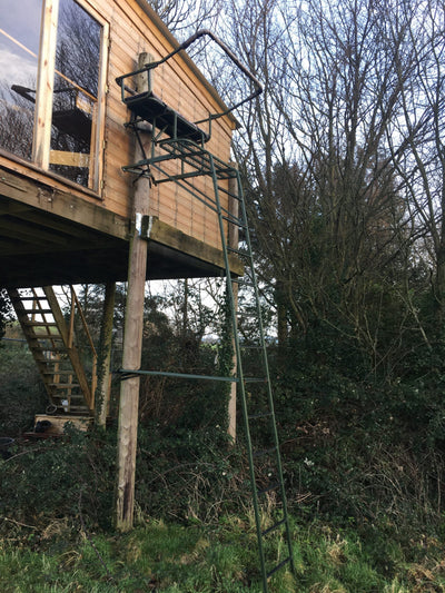 DALE double lean-to high seat two-man ladder stand with padded seating, galvanized metal for outdoor hunting or observation.