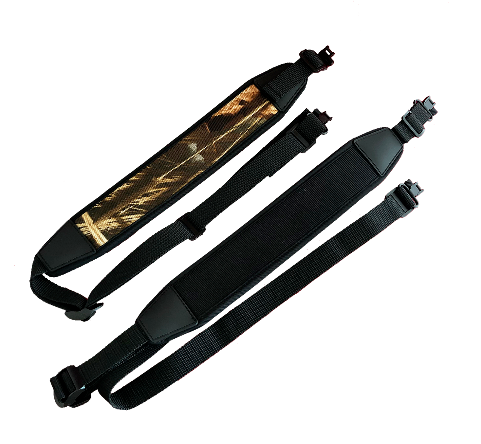 Echo neoprene sling with swivels in camouflage or black, designed for comfortable firearm carrying.