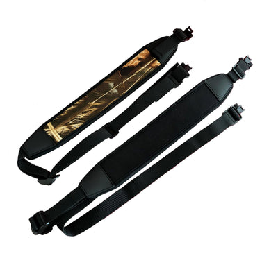 Echo neoprene sling with swivels in camo or black, designed for comfortable firearm carrying and secure attachment.