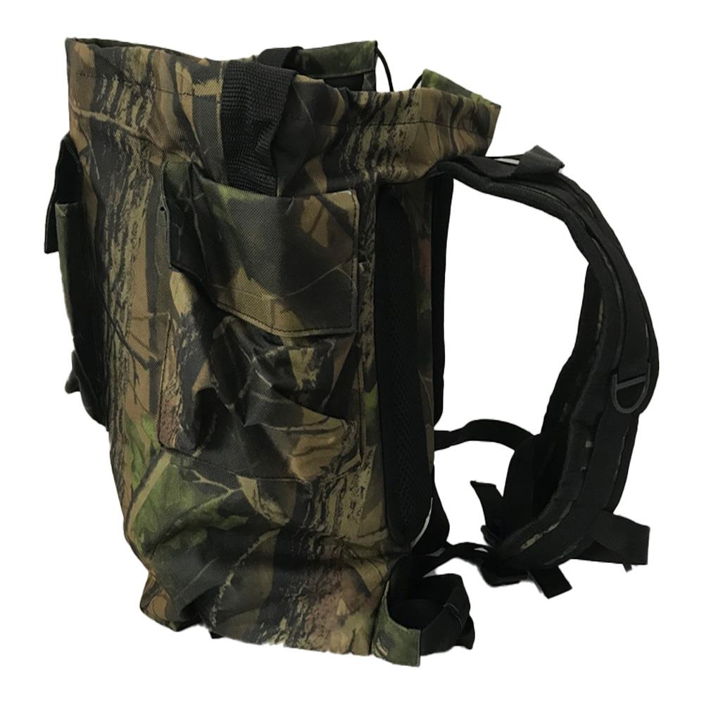 A camouflage backpack with adjustable straps designed for easy mobility when hunting or shooting.