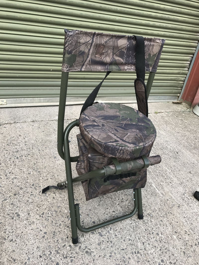 Echo Camo Swivel Hide Seat, folding padded shooting chair with DPM camouflage pattern, adjustable and comfortable for outdoor shooting.