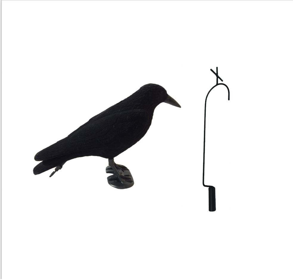 Pack of 4 flocked crow full-body decoys with 4 lofting hooks by ECHO, used for hunting or bird control.