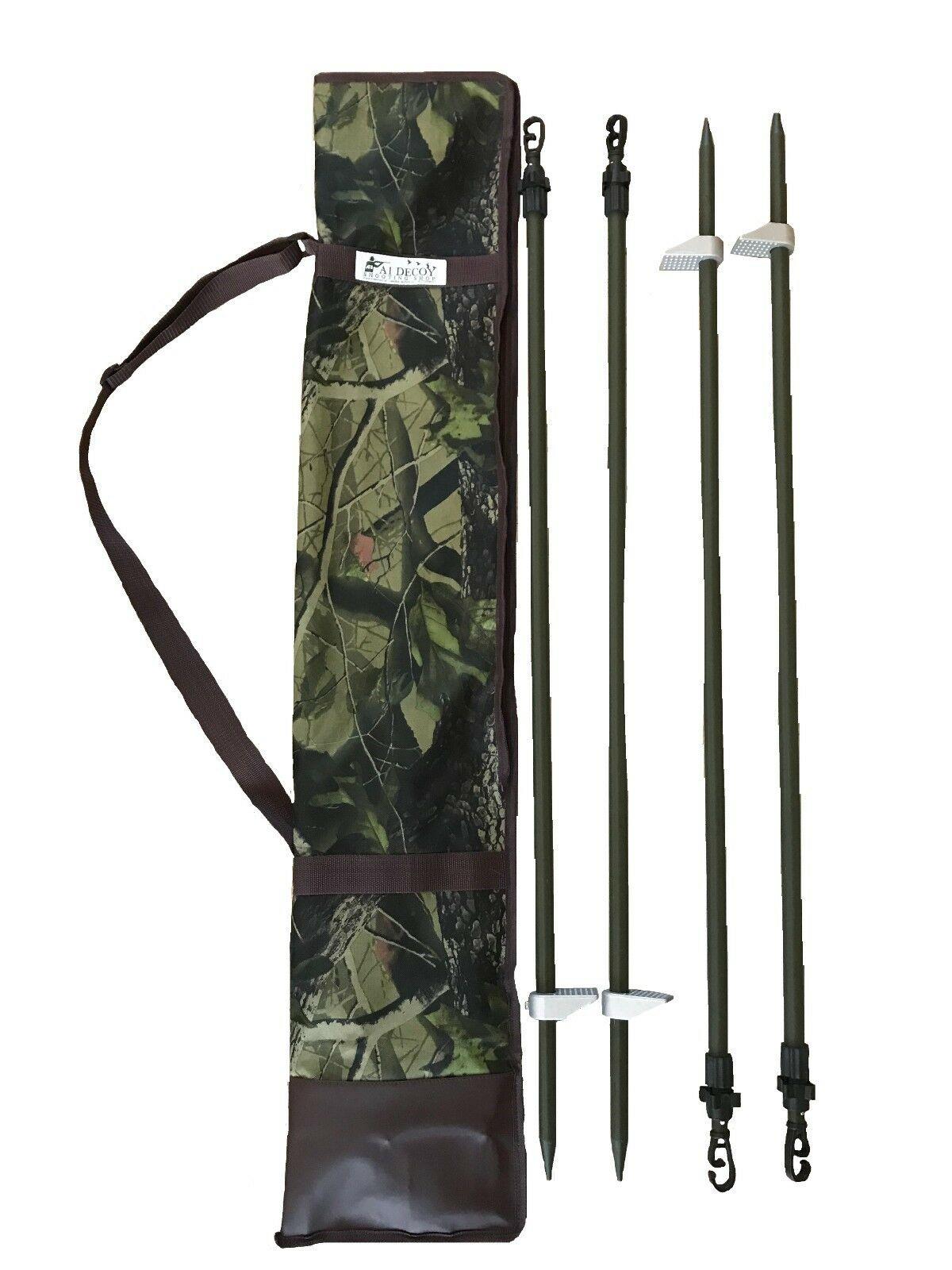 Echo 4 single spike hide poles with green canvas or camo bag, lightweight hunting gear for field concealment.