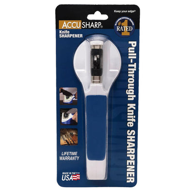 EDGAR AccuSharp pull-through knife sharpener with ergonomic handle and sharpening slots for quick, effective blade maintenance.