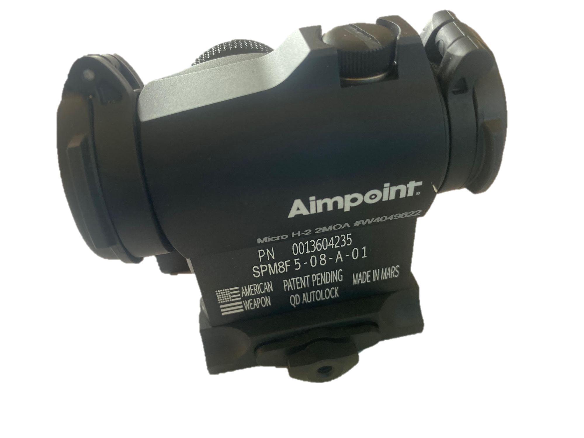 EDGAR AIMPOINT H2 2MOA quick release scope mounted on high rail Weaver Picatinny rail for precision aiming.