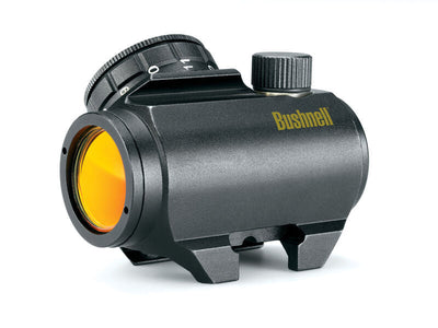 EDGAR Bushnell Trophy Red-Dot Sight TRS-25 mounted on a firearm, showcasing its compact design and red-dot aiming reticle.