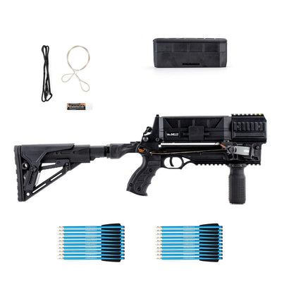 EDGAR Steambow M10 Tactical 10-round magazine-fed precision crossbow with scope and ergonomic stock, ready for target shooting.