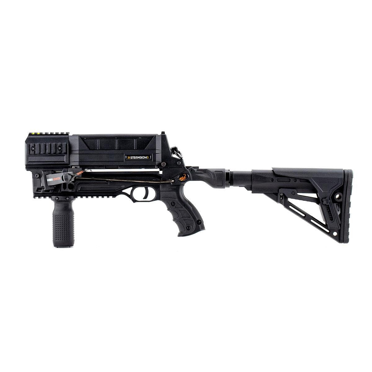 EDGAR Steambow M10 Tactical crossbow with 10-round magazine, showing the sleek, compact design and magazine feed system.