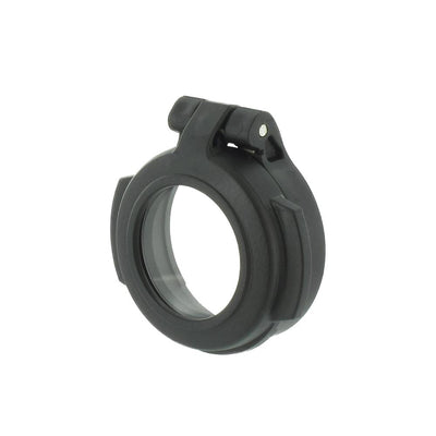 EDGAR Aimpoint H2 flip-up lens cover showing black plastic design and secure attachment for rifle scopes.
