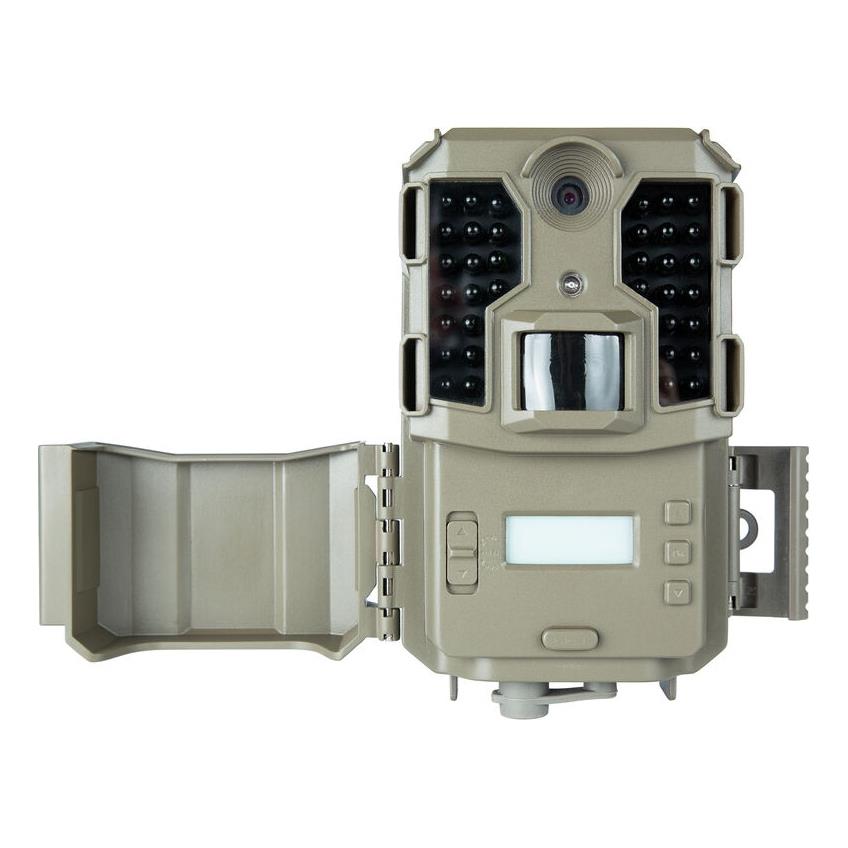 EDGAR Bushnell 20MP Prime L20 Low Glow Trail Camera showing front view with lens and infrared sensors in outdoor setting.