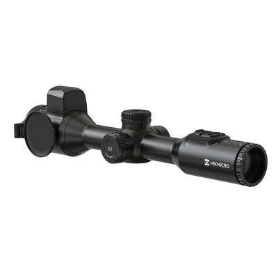 ELITE HIKMICRO Stellar 3.0 SQ35L thermal rifle scope with built-in laser rangefinder, mounted on a firearm for night hunting.