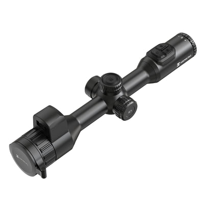 ELITE HIKMICRO Stellar 3.0 SQ35L thermal rifle scope with laser rangefinder mounted on a rifle for night hunting or surveillance.