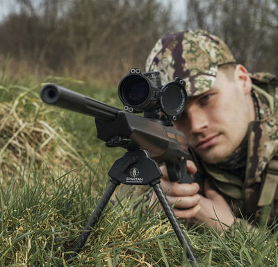 ELITE Spartan Javelin Lite standard length 7.2-inch bipod mounted on a firearm for stability and support.