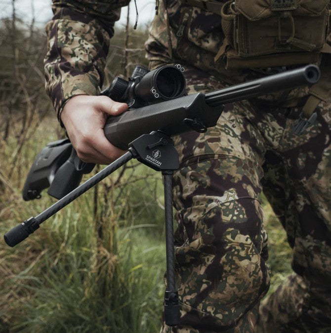 ELITE Spartan Javelin Lite bipod with 7.2-inch standard length, black metal construction, mounted on a firearm for stability.