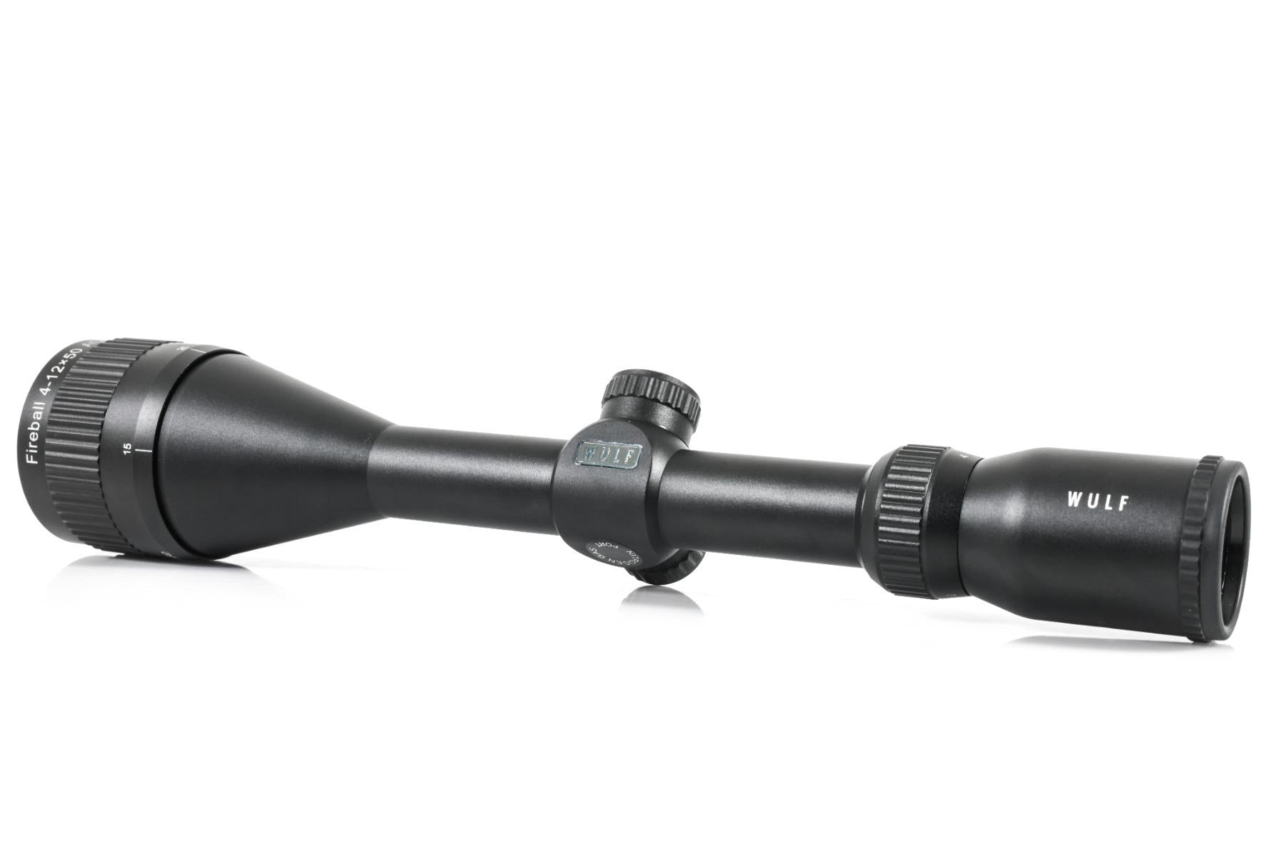 ELITE WULF Fireball 4-12x50 rifle scope with adjustable zoom and free dovetail mounts, designed for precise shooting.
