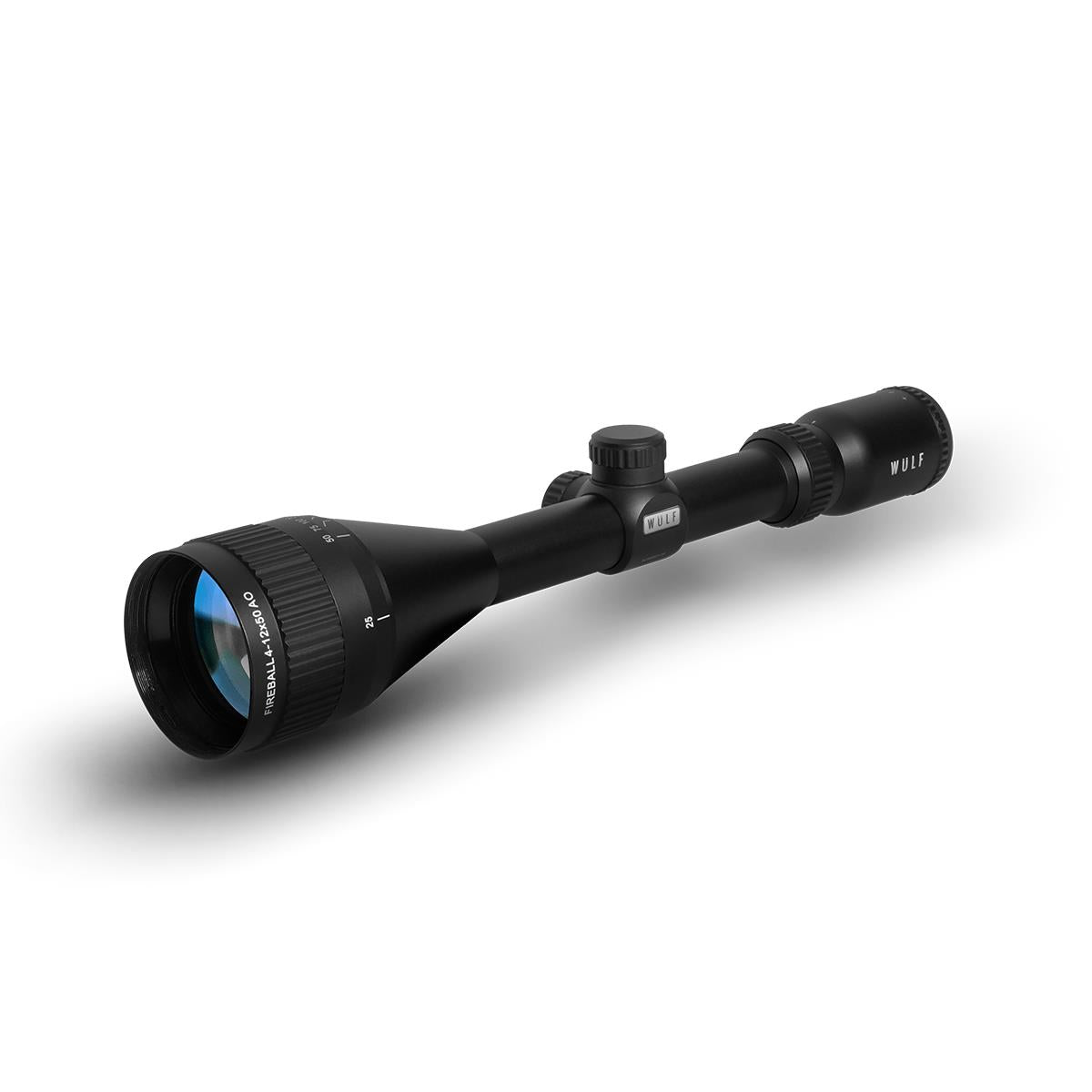 ELITE WULF Fireball 4-12x50 rifle scope with free dovetail mounts, featuring adjustable zoom and precision targeting for rifles.