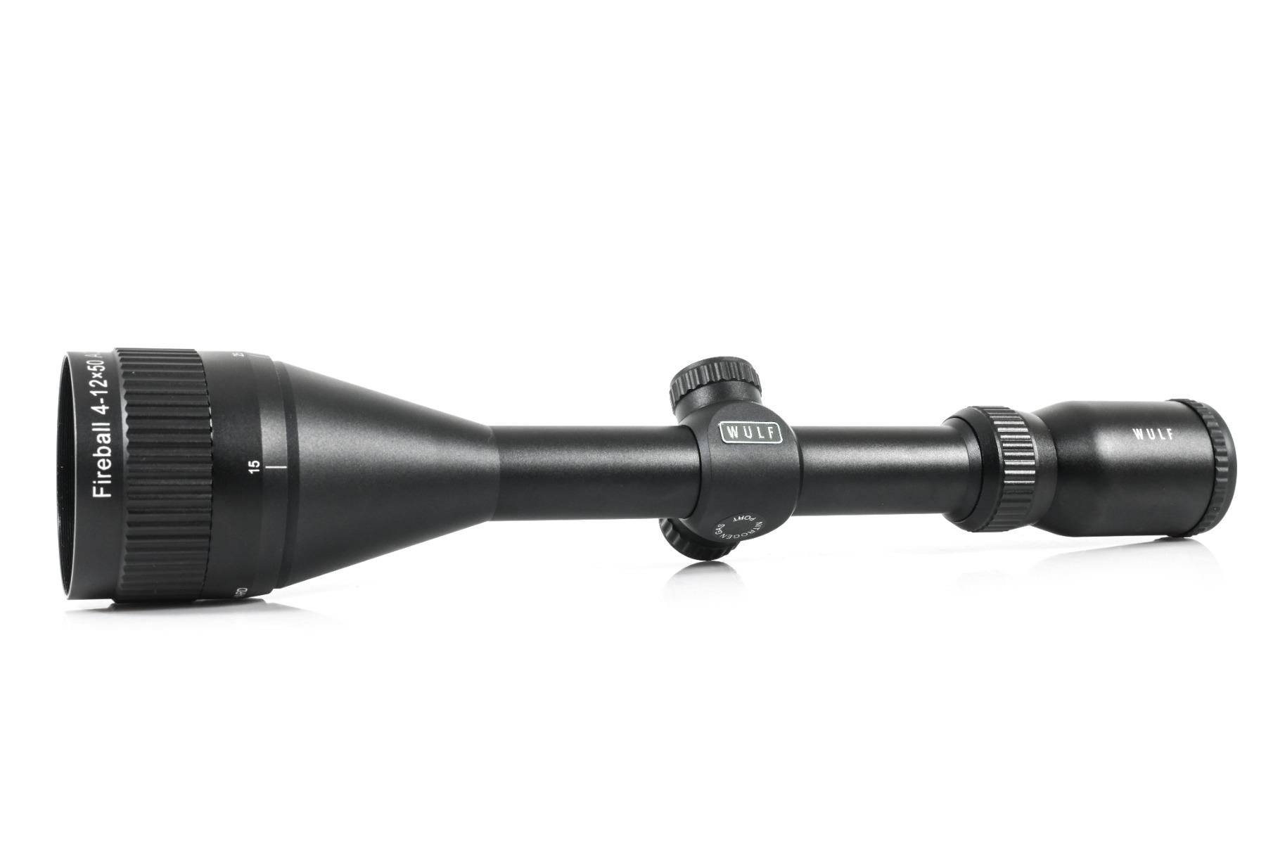 ELITE WULF Fireball 4-12x50 rifle scope with free dovetail mounts, featuring adjustable magnification and precision optics.