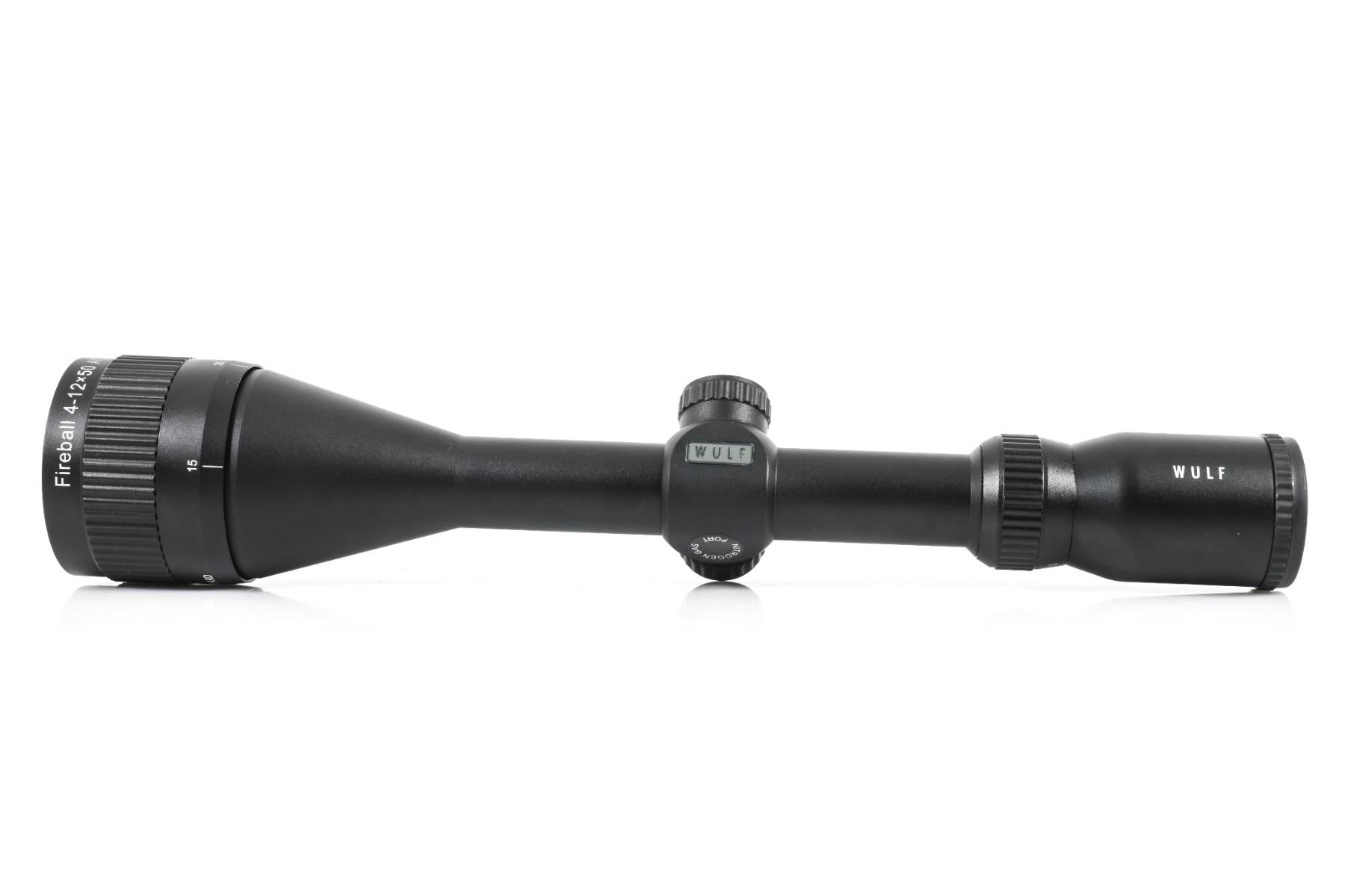 ELITE WULF Fireball 4-12x50 rifle scope with free dovetail mounts, featuring adjustable magnification and precision targeting.