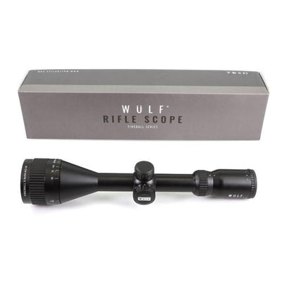 ELITE WULF Fireball rifle scope 3-9x50 AO SFP mounted on rings, showing adjustable optics and detailed scope features.