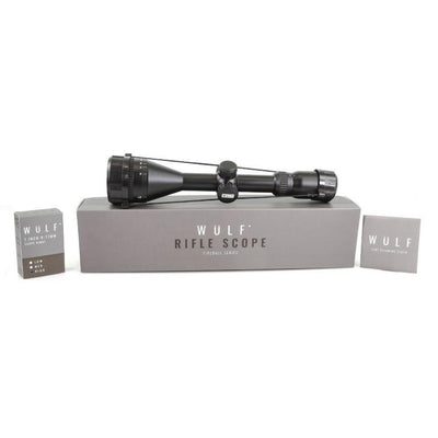 ELITE WULF Fireball rifle scope 3-9x50 AO SFP mounted on rings, showing the scope with adjustable zoom and reticle details