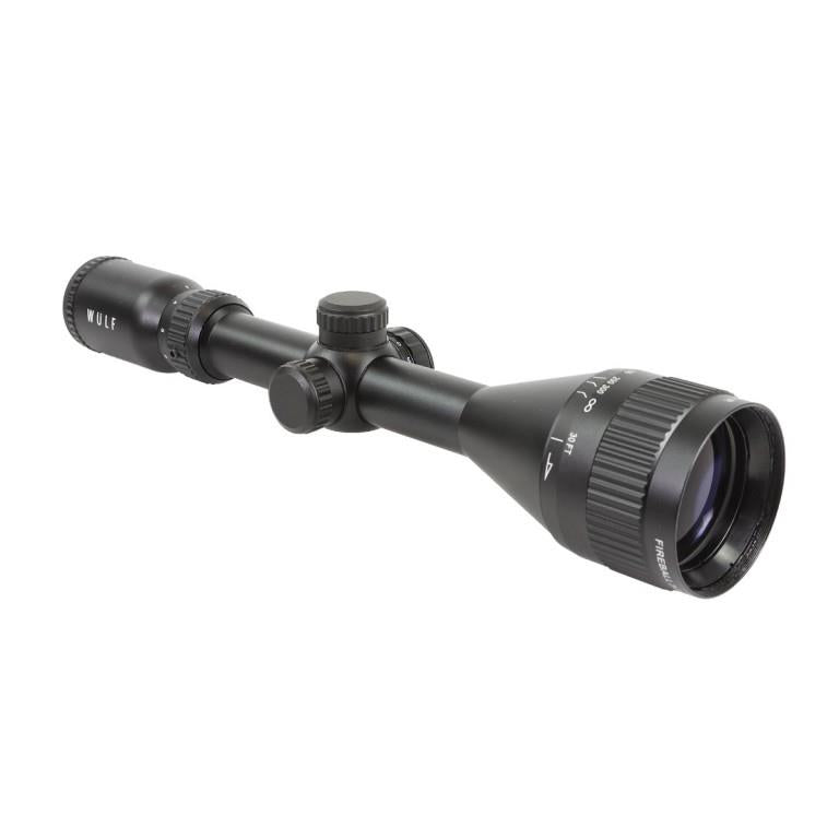 ELITE WULF Fireball rifle scope 3-9x50 AO SFP with 9-11mm rings, featuring adjustable magnification and clear optics.