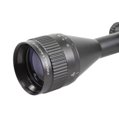 ELITE WULF Fireball rifle scope 3-9x50 AO SFP with 9-11mm rings, showing adjustable zoom and mounting rings in a detailed view.