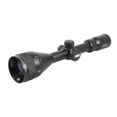 ELITE WULF Fireball rifle scope 3-9x50 AO SFP with 9-11mm mounting rings, showing the scope with adjustable turrets and lens.