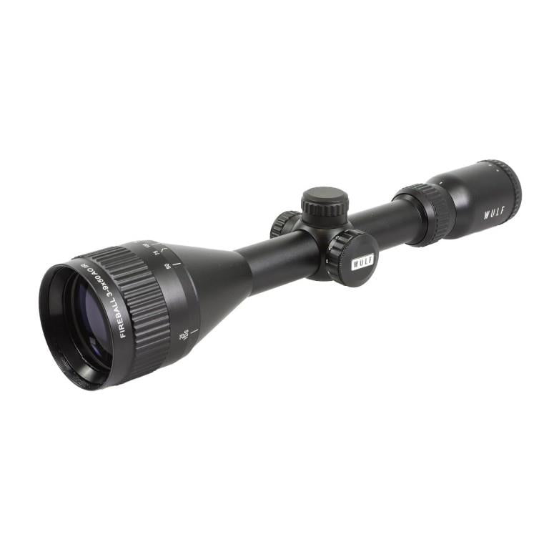 ELITE WULF Fireball rifle scope 3-9x50 AO SFP with 9-11mm mounting rings, showing the scope with adjustable turrets and lens.