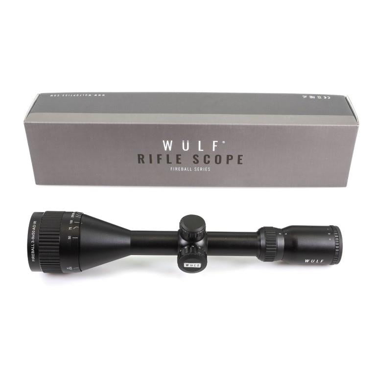 ELITE WULF Fireball rifle scope 3-9x50 AO SFP with 9-11mm mounting rings, showing adjustable eyepiece and scope body