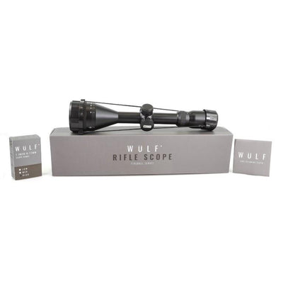ELITE WULF Fireball rifle scope 3-9x50 AO SFP with 9-11mm mounting rings, featuring adjustable zoom and clear optical lenses.