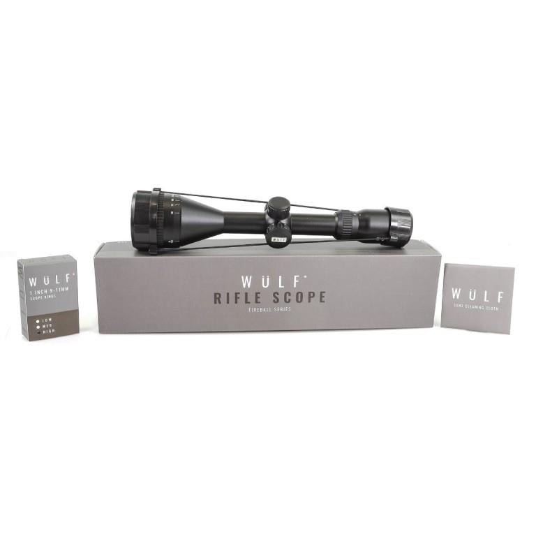 ELITE WULF Fireball rifle scope 3-9x50 AO SFP with 9-11mm mounting rings, featuring adjustable zoom and clear optical lenses.