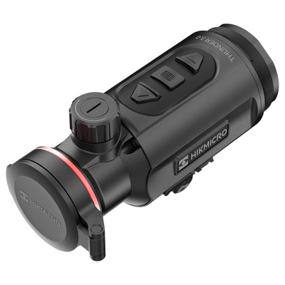 ELITE HIKMICRO Thunder 3.0 TH35C thermal front clip-on for optics, showing the compact device mounted on a rifle scope.