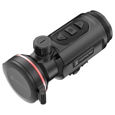 ELITE HIKMICRO Thunder 3.0 TQ50C thermal front clip-on for optics, showing device mounted on a rifle scope with control buttons
