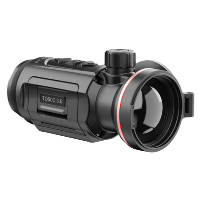 HIKMICRO Thunder 3.0 TQ50C thermal front clip-on optics by ELITE, showing the device mounted on a rifle scope.