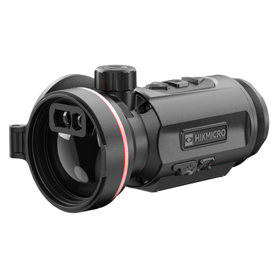 ELITE HIKMICRO Thunder 3.0 TQ50CL thermal front clip-on with laser rangefinder, mounted on an optical device for enhanced thermal imaging.