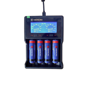 ELITE HIKMICRO 18650 battery charger with four rechargeable batteries for scopes and night vision devices.