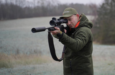 ELITE HIKMICRO Alpex A50EL 4K LRF digital day and night vision scope with UHD optics and built-in rangefinder, mounted for use