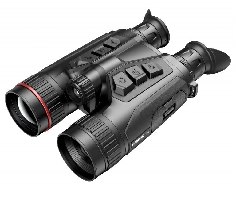 ELITE HIKMICRO Habrok Pro HQ50L multi-spectrum thermal binocular with 50mm lens, 4K camera, LRF, and harness for night vision.