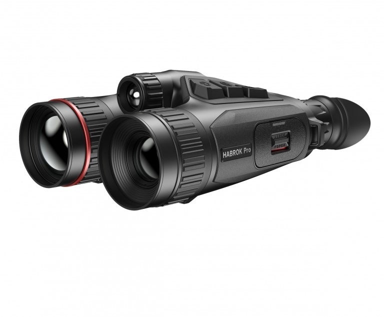 ELITE HIKMICRO Habrok Pro HQ50L multi-spectrum thermal binocular with 50mm lens, 4K camera, LRF, and harness for night vision.