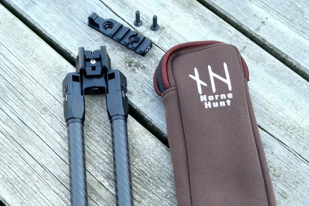 NorneHunt Gen II Bipod Carbon Fibre Quick Detach for rifles, lightweight gun rest and stick by ESR, mounted on a firearm.